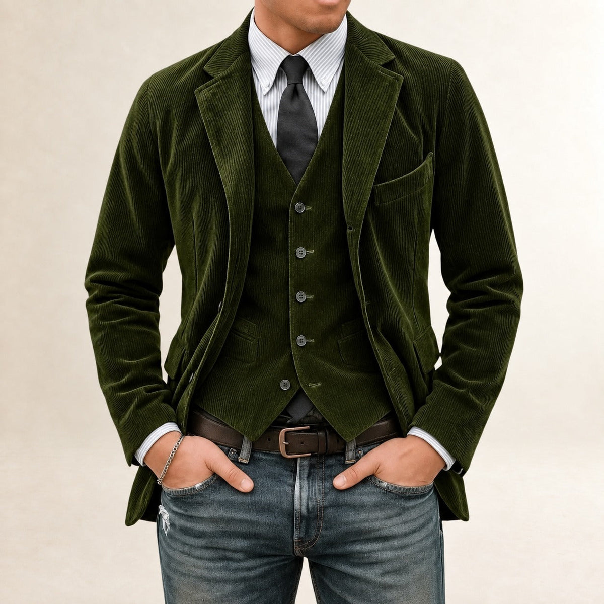 Herrensakko-Set - Blazer und Weste mit Knopfverschluss und schmalem Schnitt