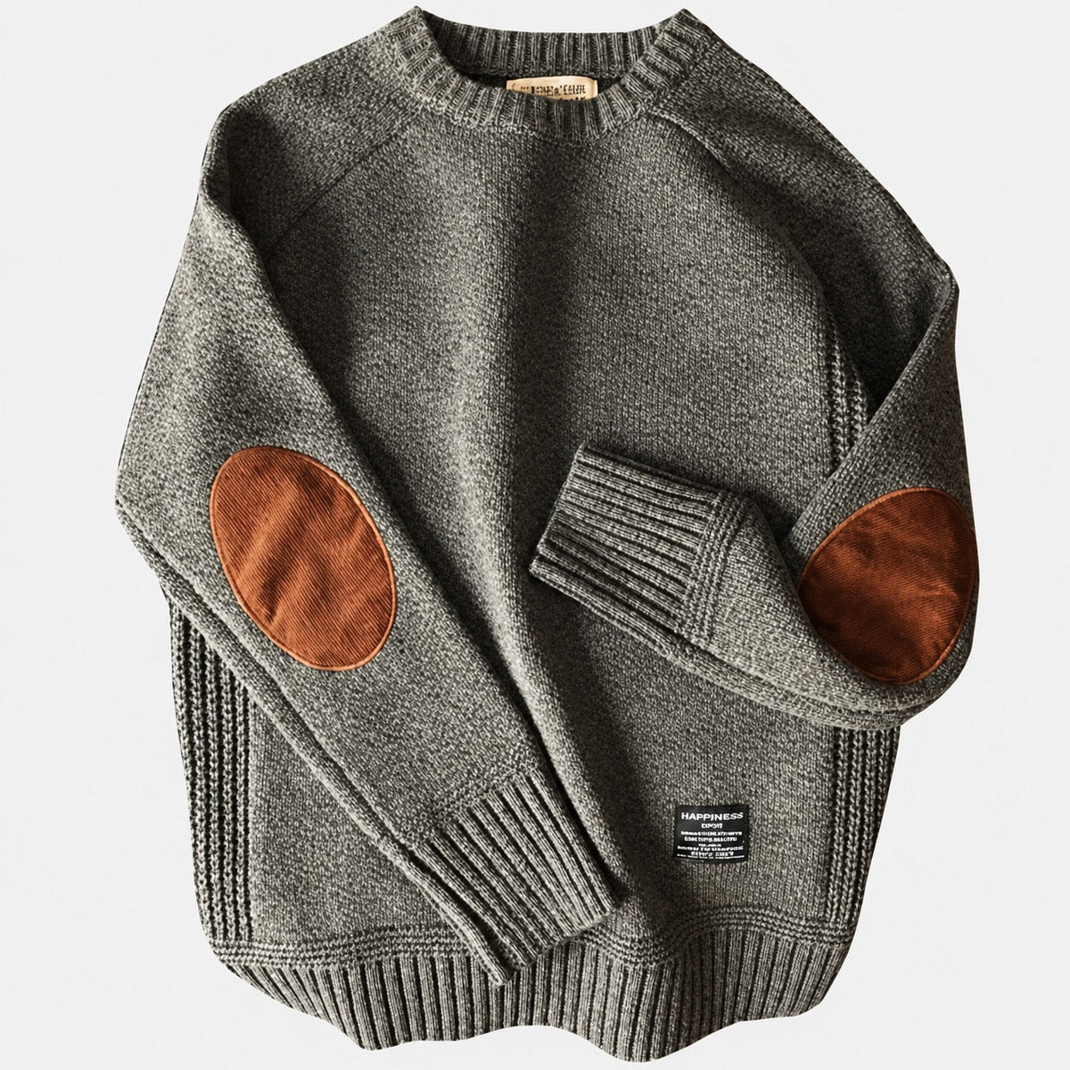 Herrensweater mit Ellenbogenpatches Rundhalsausschnitt Rippenbündchen