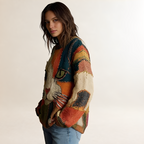 Weit geschnittener Damenpullover - Kunstvolles Katzenmotiv mit farbenfrohem Design