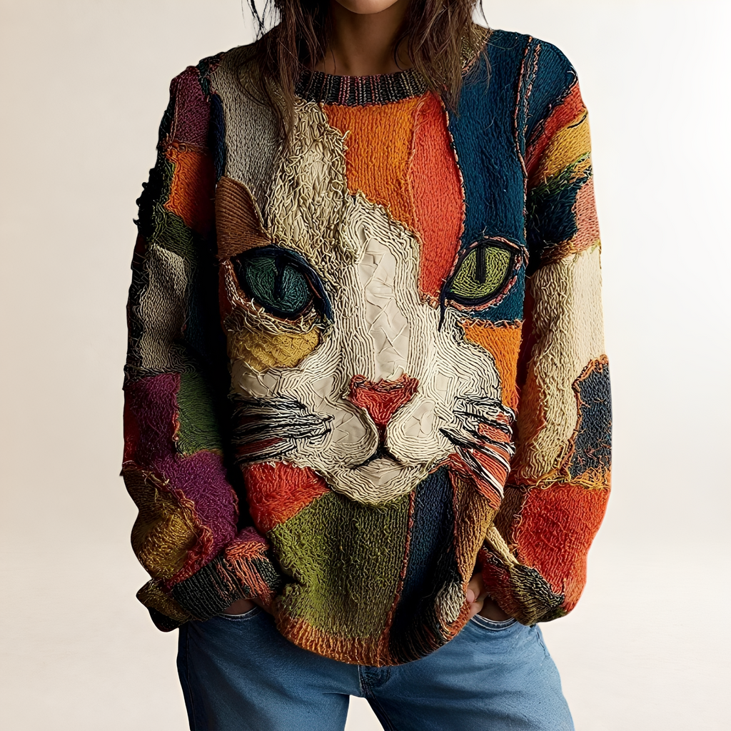 Weit geschnittener Damenpullover - Kunstvolles Katzenmotiv mit farbenfrohem Design