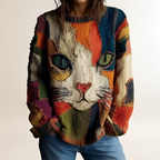 Weit geschnittener Damenpullover - Kunstvolles Katzenmotiv mit farbenfrohem Design