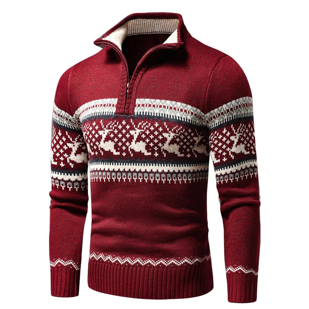 Herrenpullover mit Stehkragen, Reißverschluss, norwegisches Muster, reguläre Passform