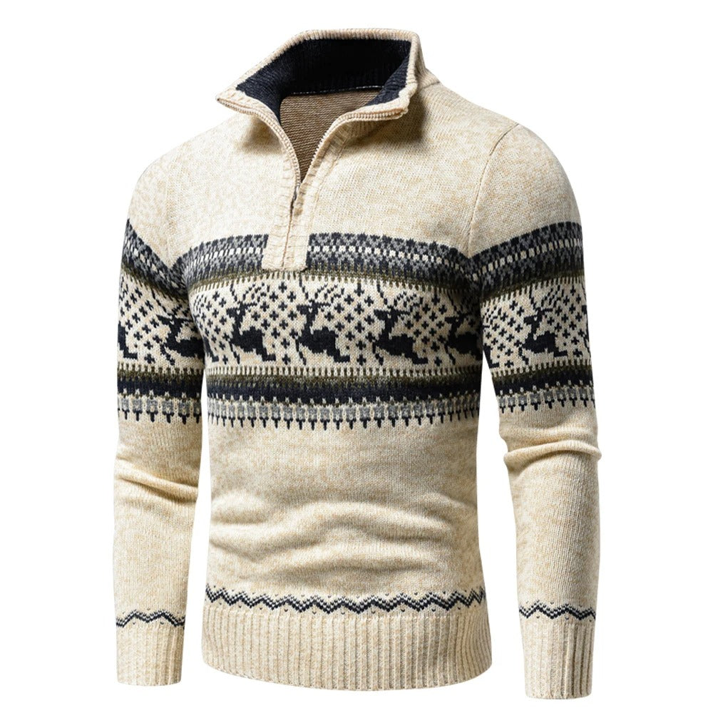 Herrenpullover mit Stehkragen, Reißverschluss, norwegisches Muster, reguläre Passform