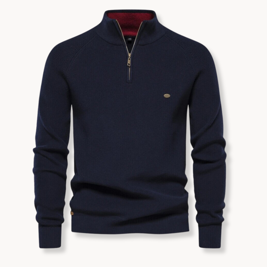Herrenpullover mit Halb-Reißverschluss – Stehkragen, Raglanärmel, schmale Passform