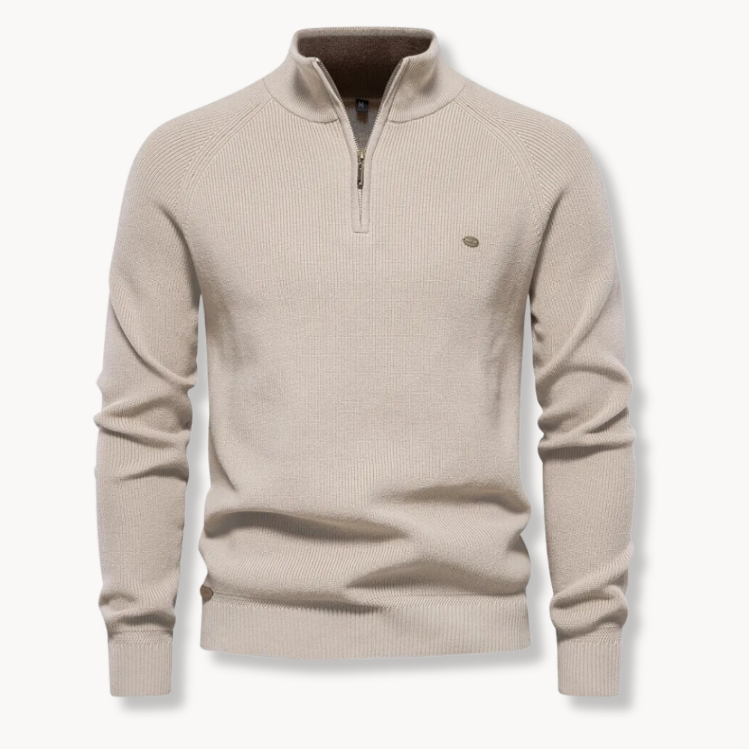 Herrenpullover mit Halb-Reißverschluss – Stehkragen, Raglanärmel, schmale Passform