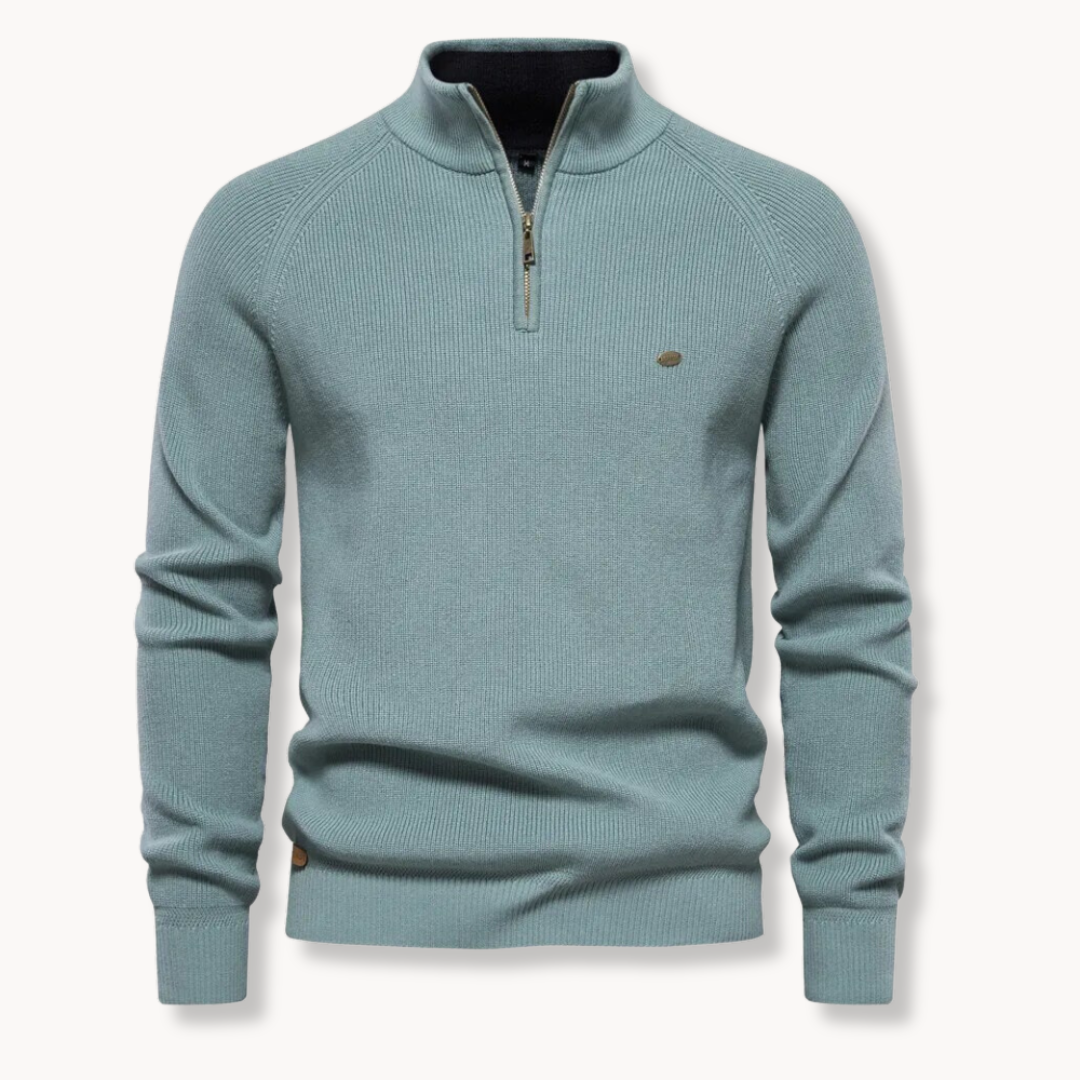 Herrenpullover mit Halb-Reißverschluss – Stehkragen, Raglanärmel, schmale Passform