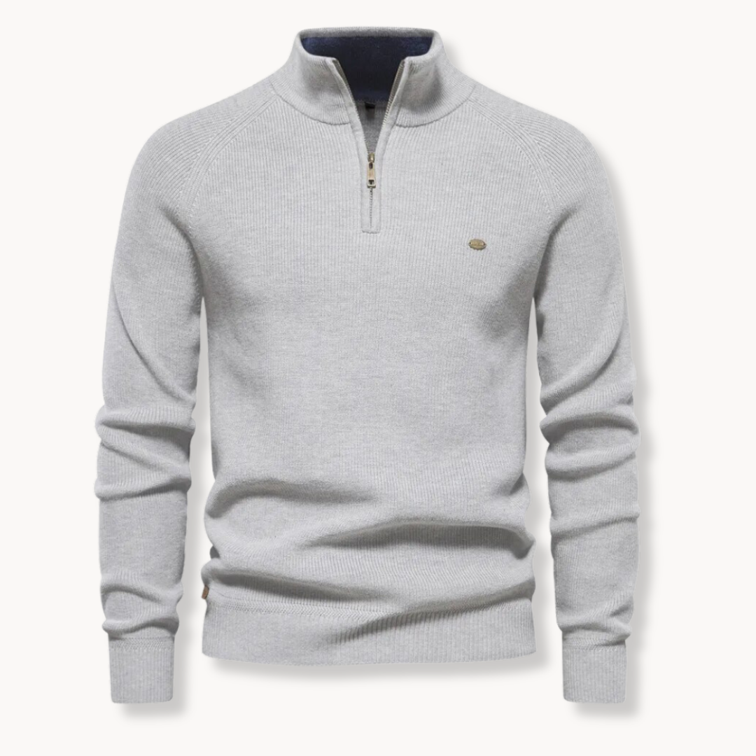 Herrenpullover mit Halb-Reißverschluss – Stehkragen, Raglanärmel, schmale Passform