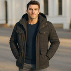 Winterjacke für Herren mit Kapuze, gestepptes Design, mehrere Taschen, reguläre Passform