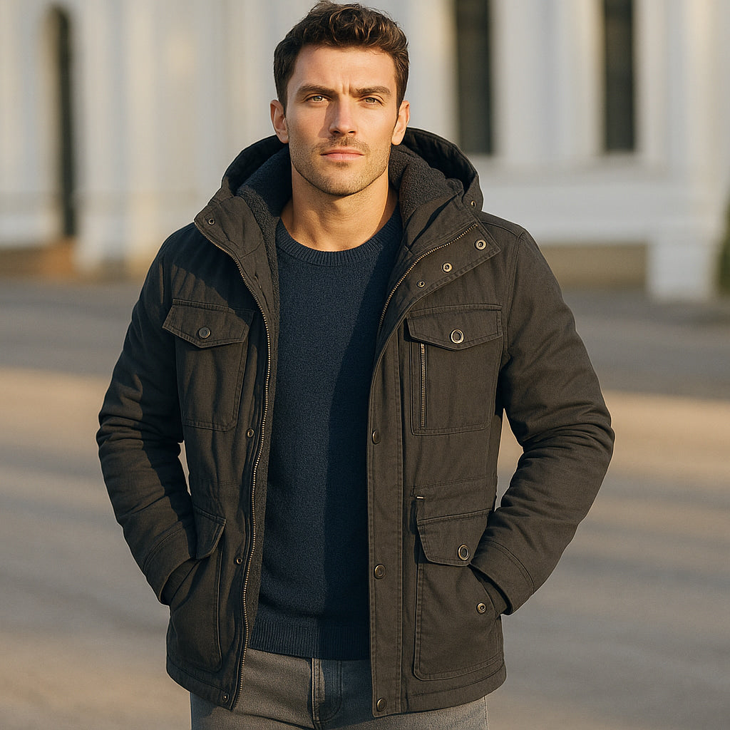 Winterjacke für Herren mit Kapuze, gestepptes Design, mehrere Taschen, reguläre Passform